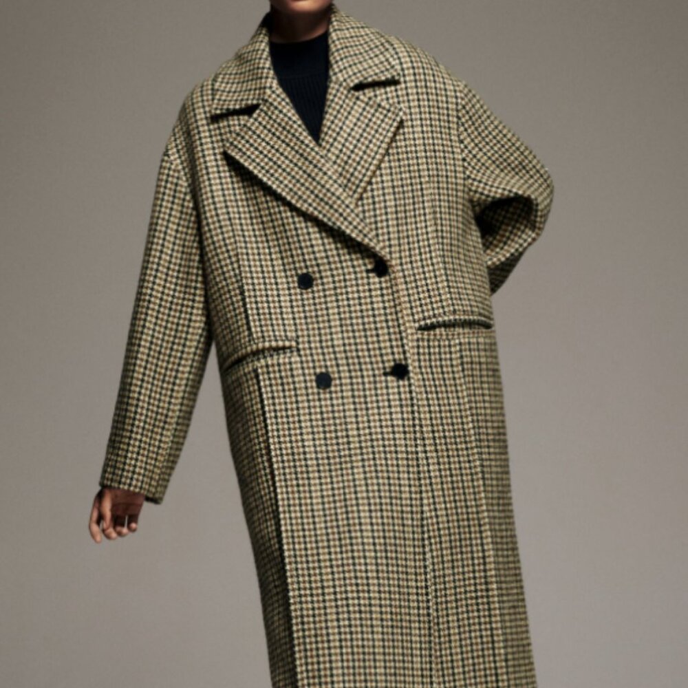 Zara Black and Tan Houndstooth Double-Breasted Peacoat